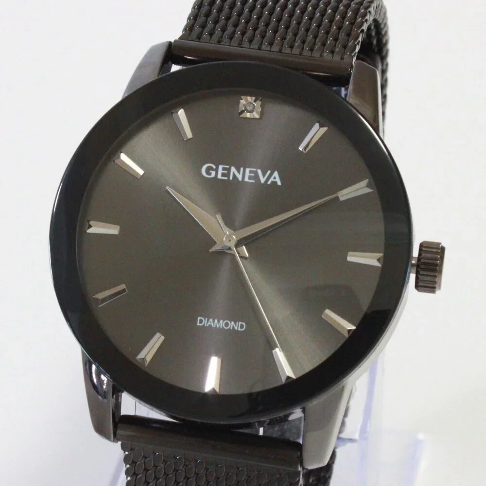 Geneva Men's Dress Watch Gun Metal Finish Diamond At 12 Milanese Bracelet 42mm